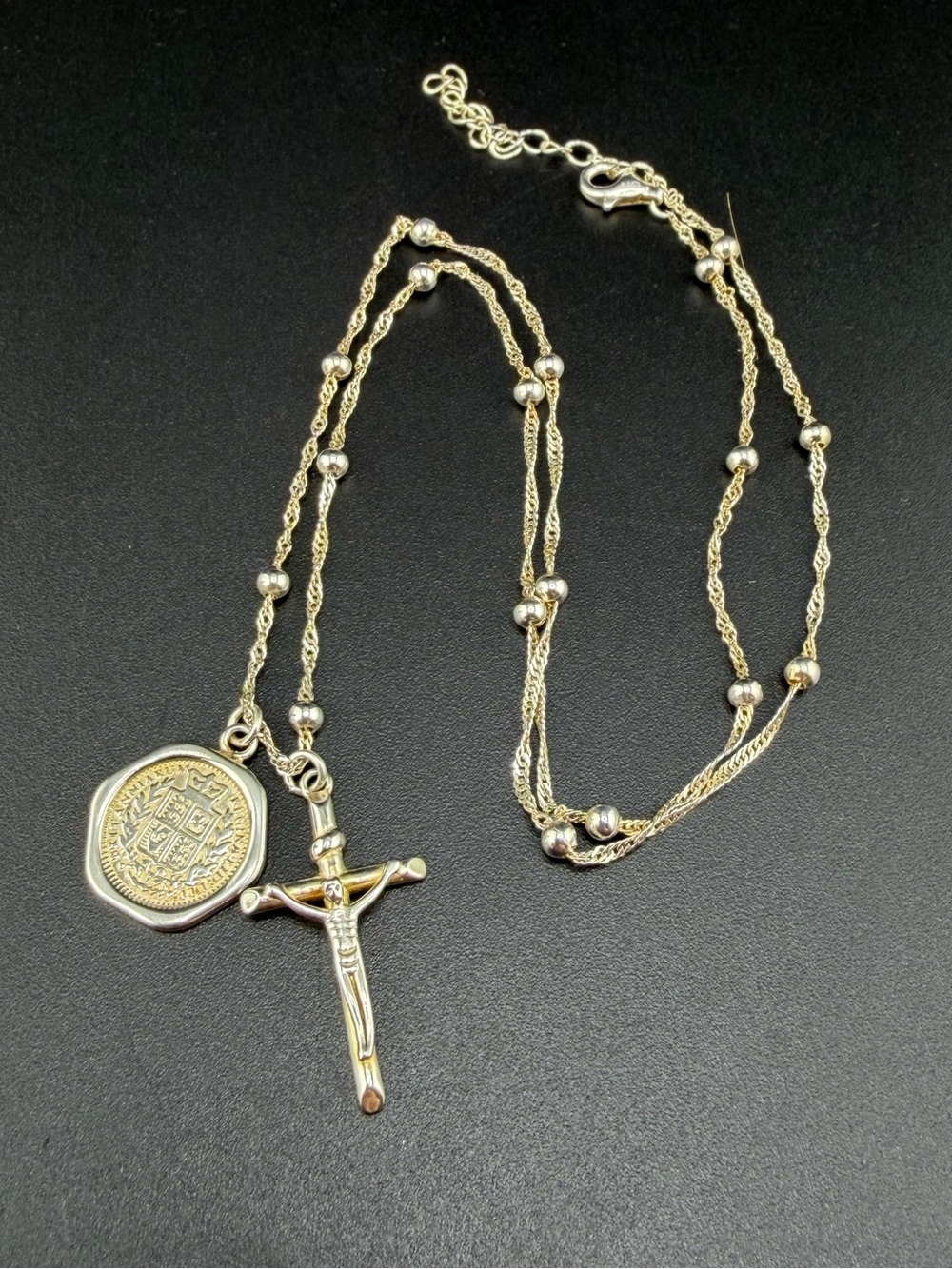 925 Sterling Silver Rosary Necklace with Medal and Crucifix Pendant